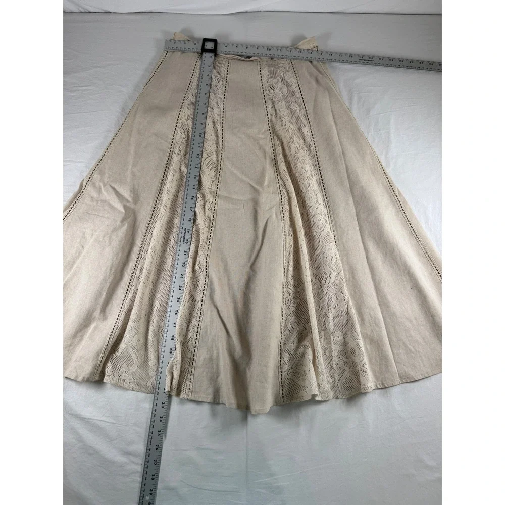 Coldwater Creek Women's Size PS Tan Linen Blend Crochet Lace‎ Panel Maxi Skirt